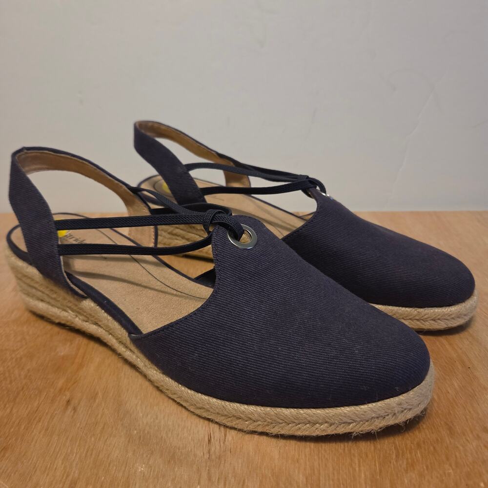 Life stride Navy Canvas Kennedy Espadrille Wedge Sandals slingback size 9.5
